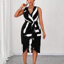yonghongmaoyi1 Maweii Vestido sin mangas con cuello en V y estampado de talla grande - Blanco y Negro - Ver 7