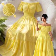 xuehuamaoyi02  Vestido corto de manga corta con hombros descubiertos y cintura elástica con empalme, elegante y de talla grande para primavera/verano - Amarillo - Ver 1