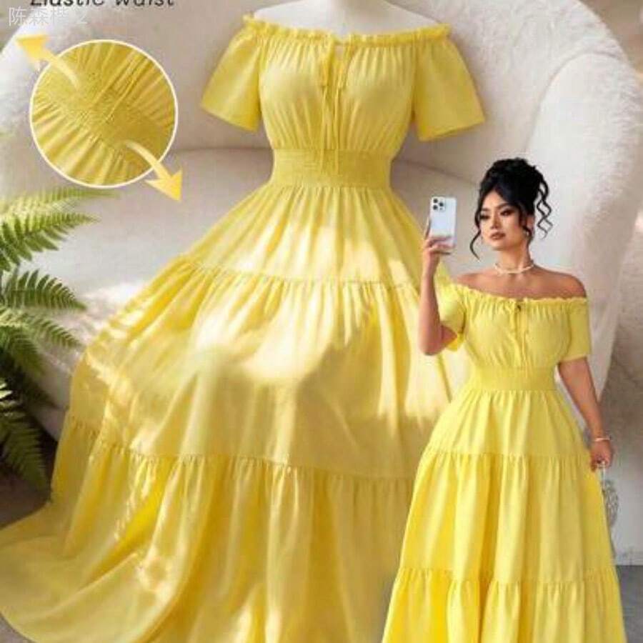 xuehuamaoyi02 Vestido corto de manga corta con hombros descubiertos y cintura elástica con empalme, elegante y de talla grande para primavera/verano - Amarillo - Ver 1