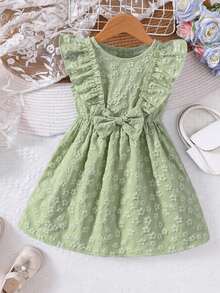 Young Girls' Spring/Summer Jacquard Bow Decor Mini Dress - Green - View 1