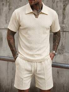 Conjunto de verano para hombres de unicolor, con diseño de rombos, transpirable, para vacaciones y viajes, minimalista de jacquard - Caqui - Ver 3