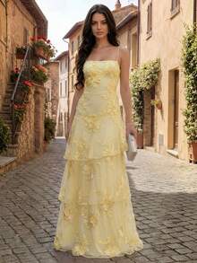Light Blue Floral Appliqué Tiered Maxi Dress, Spaghetti Strap Tulle Formal Evening Gown, Elegant Bridesmaid & Prom Wear - 黃色 - 查看 1
