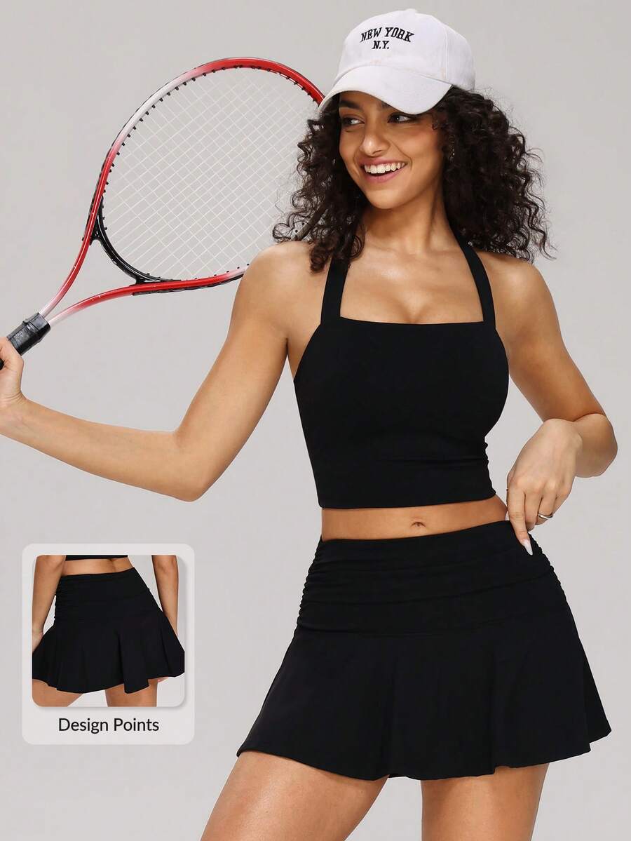 MASKERT Women Ruched Ruffle Waist Sports Skirt Yoga Skirt Workout Skirt Gym Skirt Tennis Skirt Running Dance Training Volleyball Outdoor Activewear Skirt - Black - View 1
