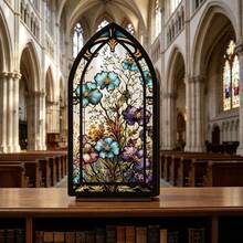 Floral Stained Glass Acrylic Bookends, Gothic Window Style Bookshelf, 2D Decorative Desktop Storage Rack, Artistic Bookshelf Suitable For Home, Office And Library - 1PC - View 1