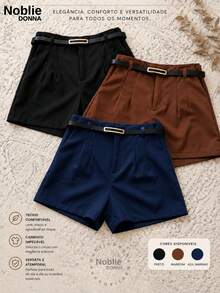 Set Of 3 Women's High-Waisted Tailored Shorts + 1 Free Belt - 1 黑色 1 棕色 1 藍色 MAINHO - 查看 1