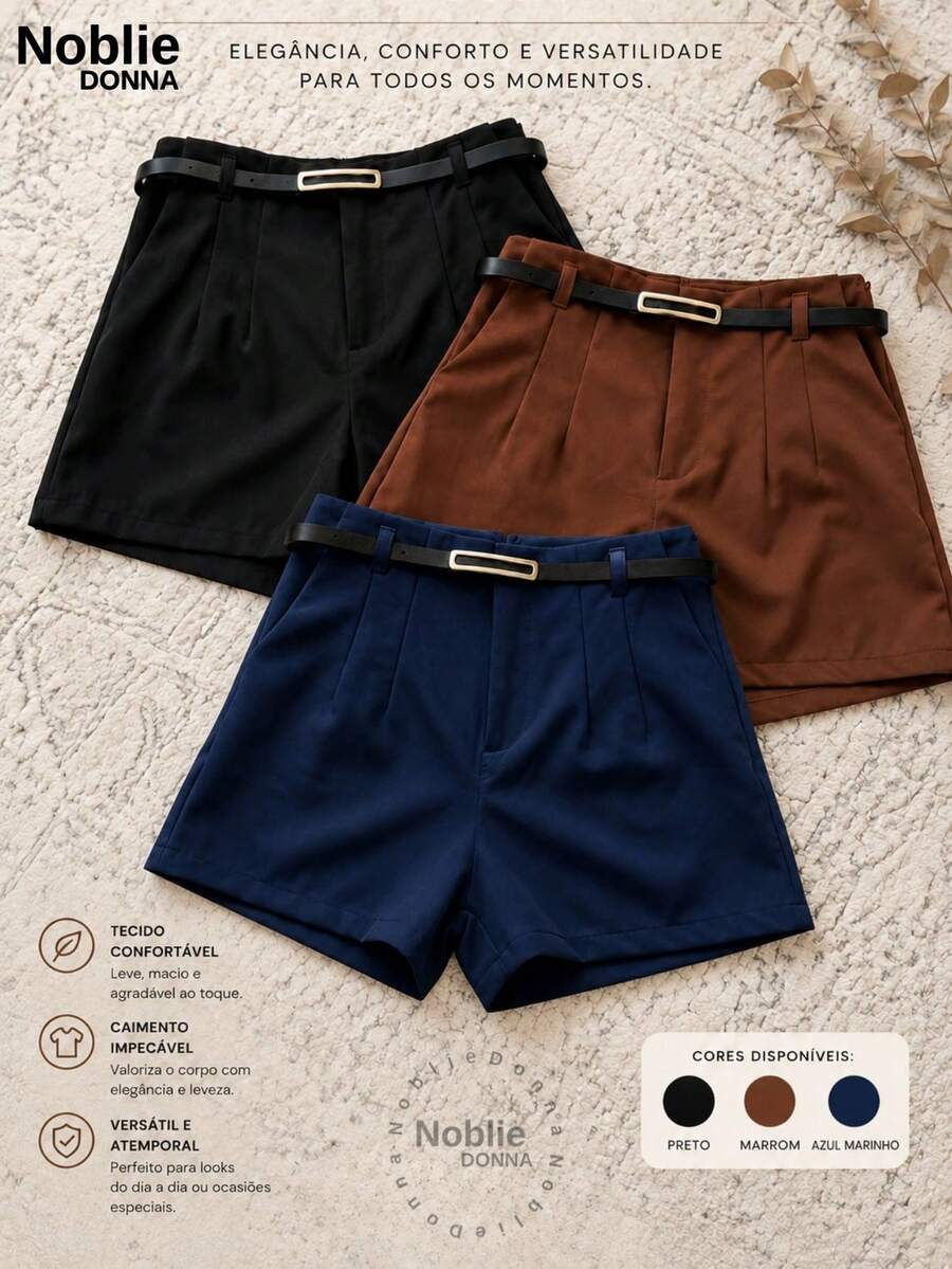 Set Of 3 Women's High-Waisted Tailored Shorts + 1 Free Belt - 1 黑色 1 棕色 1 藍色 MAINHO - 查看 1