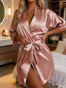 Pink Solid Color Satin Nightgown, Elegant Neckline Short Sleeve Summer Pajamas, Soft Breathable Loose Homewear, Suitable For Brides, Bridesmaids And Back To School Season, Skin-Friendly Sleepwear - Pink - View 1