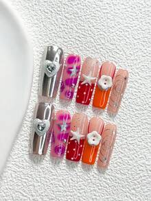10Pcs Casual Style Handmade Press On Nail,Polygel Nail Set,Starfish,Small Flower Button,Star,Silver,Orange,Purple And Red Nail Polish,Fresh Style,Includes Nail Tools,3 Sizes Available,Almond,Duck,Coffin Nails For Party,Dance,Daily Wear. - Multicolor - View 4