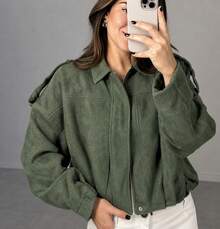 Women's Bomber Jacket, Winter Coat, Long Sleeve Batwing Jacket In Suede Fabric - Verde - Ver 2