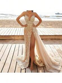 Elegant And Sexy Summer New European And American Women's Clothing Sexy Suspender Dress Sleeveless V-Neck Split Lace Hollow, Long Dress - 金色 - 查看 2