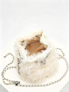 Cream Tulle Ruffle Bucket Bag, Faux Pearl Drawstring Chain Crossbody Bag, 2025 Ballet Fairy Style Women's Teen Handbag, Suitable For Bride/Date/S - Apricot - View 4