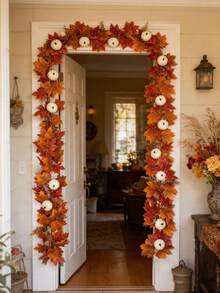 100/200 Cm Halloween Autumn Maple Leaf Vine, Artificial Maple Leaf Wreath With White Pumpkin Vine, Suitable For Indoor And Outdoor Party Decorations, Autumn Home Decorations, Room Decorations, Garden And Courtyard Fireplace Decorations - Multicolor - View 4