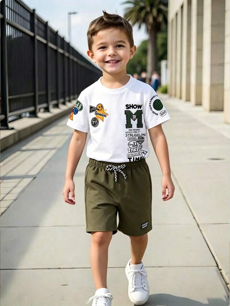 Tween Boy 字母印花短袖 T 恤和短裤套装