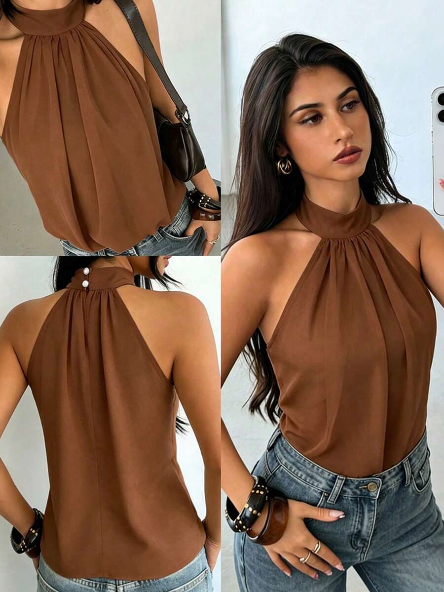 1 chiếc áo sơ mi nữ thanh lịch bằng vải dệt, phù hợp cho hẹn hò, kỳ nghỉ và mặc hàng ngày mùa hè - màu nâu - Xem 1