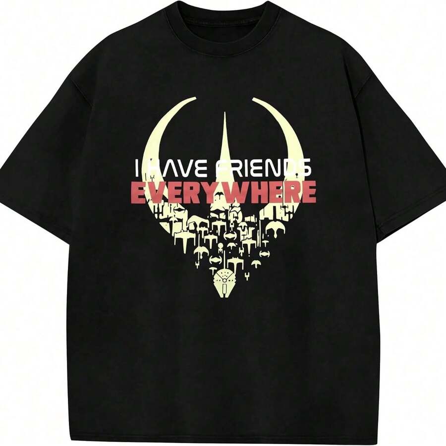 T-shirt imprimé  An-Dor "J'ai des amis partout", tenue d'été pour hommes, hauts, t-shirt pour hommes. - Noir - Voir 1