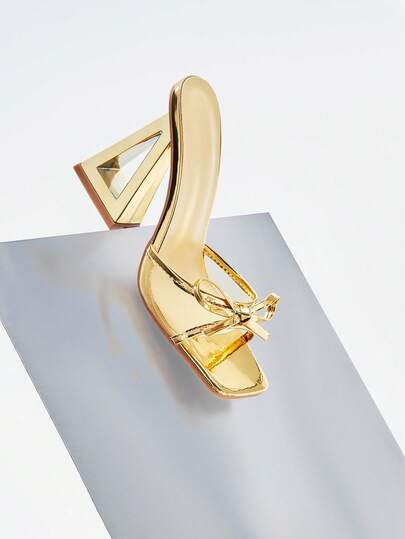 Rollcall Women's Chunky Heel High Heels With Gold Bow Mesh Decor, Pyramid Toe Mule Sandals, Glamorous Party High Heel Slides