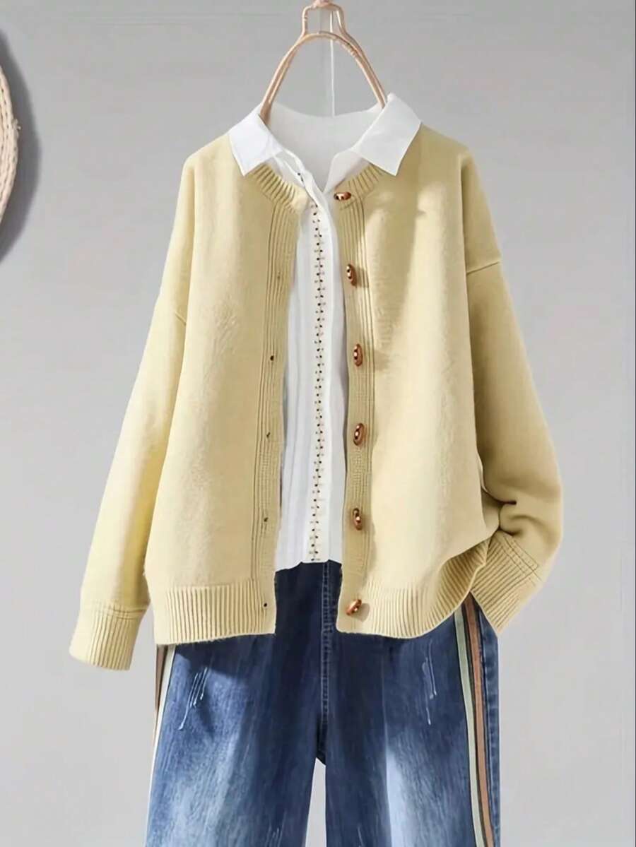 Plus Size Women Fall Winter Knit Cardigan, Crew Neck Button Down Long Sleeve Loose Soft Knit Sweater Jacket With Pockets Casual Daily Outerwear - Pale Yellow - View 1