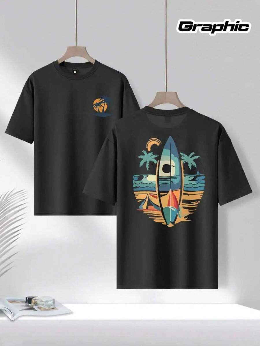 Conjunto de dos piezas de camisetas negras: un lado presenta un pequeño circular, el otro lado tiene un colorido diseño de surf (tabla de surf, palmeras, olas, luna, barco). Incluye per - Negro - Ver 1