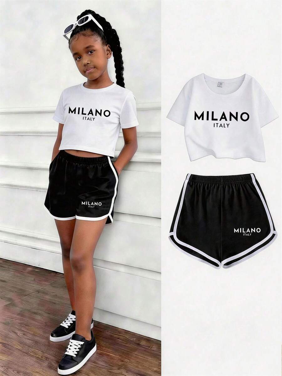 1 Set Teenage Girls' Round Neck Short Sleeve T-Shirt And Shorts Set, Printed Text Graphic Short Tee And Shorts Set, Comfortable Minimalist Design, Suitable For Spring And Summer - Multicolor - View 1