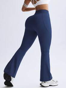 TCVC High Waisted Booty Lifting Yoga Flare Pants For Women With Side Pockets, Tummy Control 4 Way Stretch Bootcut Workout Leggings - Navy Blue - View 2