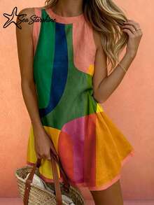 Sea Starshine Spring/Summer New Arrival: Bohemian Style, Dopamine Bright Color Blocking, Geometric Print, Sleeveless, Round Neck Dress Elegant - Multicolor - View 4