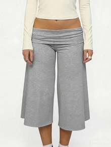 Women 's Fold Over Lounge Capris Wide Leg Low Rise Cropped Gaucho Pants Solid Color Flowy Pajama Bottom - Light Grey - View 1