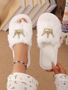 Pantuflas de casa estilo princesa con diseño de corona, abiertas de punta, de felpa, cálidas y cómodas, sandalias tipo slide de piel sintética para mujer - Dorado - Ver 3
