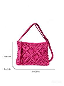 Bolso bandolera tejido bohemio de color sólido, bolso cuadrado pequeño tejido a la moda, adecuado para vacaciones en la playa, compras urbanas, elección perfecta para vacaciones en la playa, - rosa brillante - Ver 7