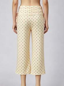 Womens Casual Capri Pants Solid/Dot Print Ruched Drawstring Waistband Wide Leg Trousers Lounge Pants - Yellow - View 6
