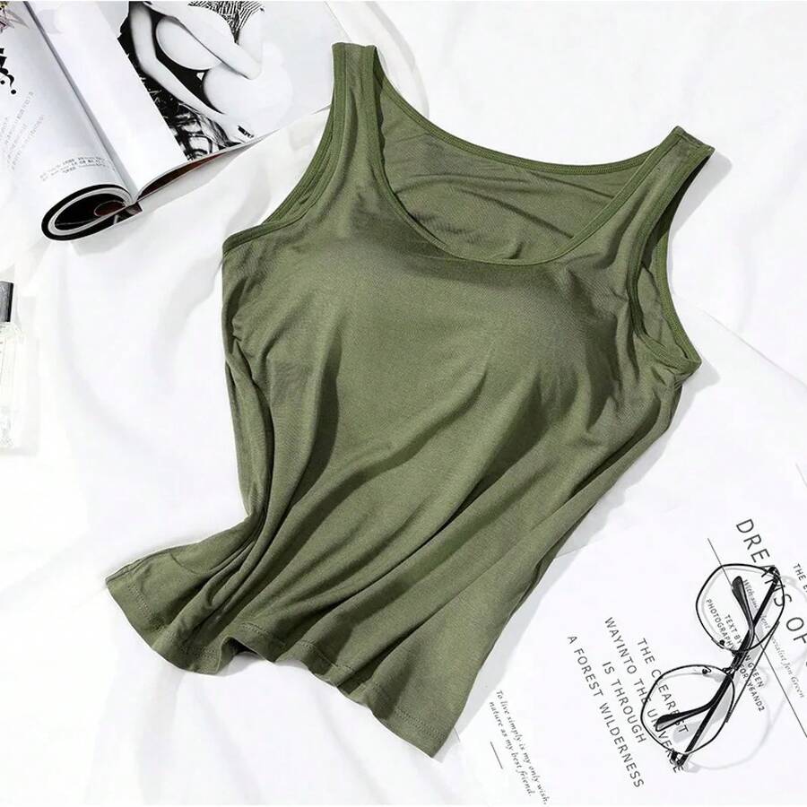 Women's Vest Tops With Built-In Padded Bra, Fitted Tank Tops, Sexy Shirts, Casual Women's Underwear, Slimming Lingerie Top - 綠色 - 查看 1