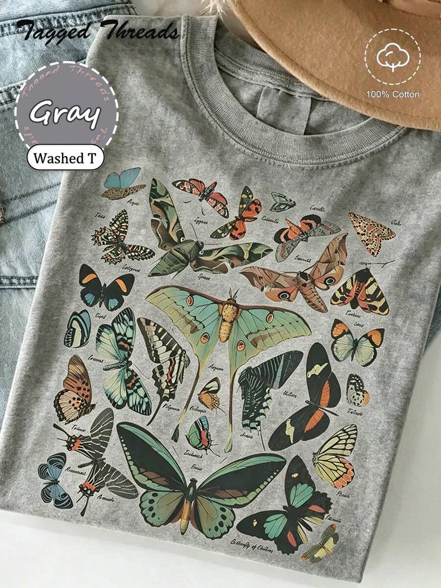100% Cotton Vintage Butterfly & Moth Shirt Cottagecore Aesthetic Tee, Nature Lover Gift Comfortable T-Shirt Unisex Women's & Men's Campus Daily Wear - Washed T - Grey - 查看 1