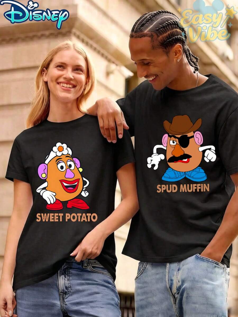 Disney 1PC Printed T-Shirt, Toy Story Potato Head Couple Graphic Tee, Unisex Cotton, All Seasons, Breathable, Exquisite, Ideal Gift - 女式黑色T卹 - 查看 1