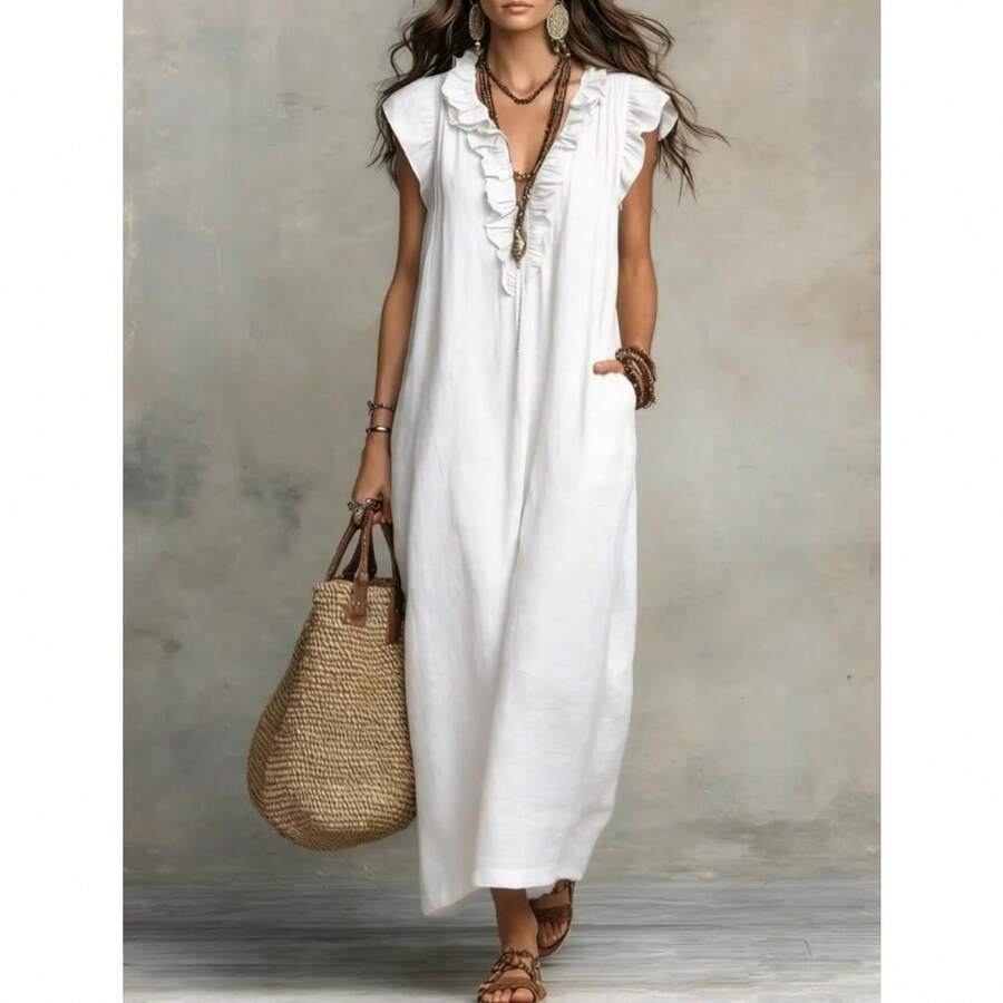 2026 European And American Spring And Summer New Bohemian Flying Sleeves And Ground Length - White - View 1