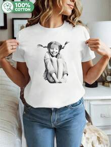 Camiseta de manga corta para mujer,Camiseta para mujer casual manga corta verano, playera estampada con retrato de niña, ideal para uso diario y salidas. - Blanco - Ver 1