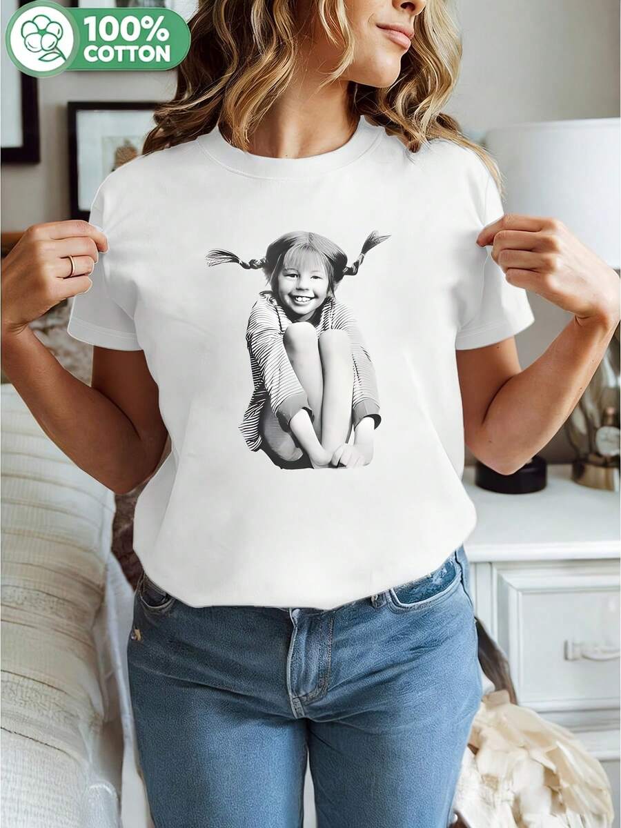Camiseta de manga corta para mujer,Camiseta para mujer casual manga corta verano, playera estampada con retrato de niña, ideal para uso diario y salidas. - Blanco - Ver 1