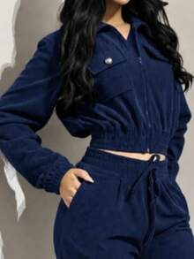 Women's Velvet Pants And Jacket Set - Navy Blue - View 2