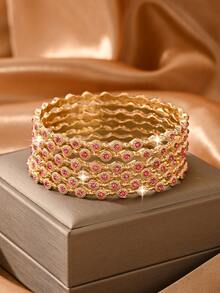 6pcs Fashionable Rhinestone Inlaid Bracelet Set,Alloy Bangles For Women's Daily Wear,Traditional Middle East Wedding Jewelry Accessories - 6pcs - View 3