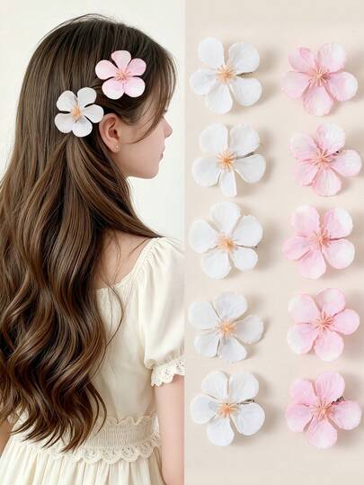 10 cái kẹp tóc hoa giả hồng & trắng cho bé gái, kẹp tóc mái bên, phụ kiện tóc, phụ kiện đội đầu công chúa dễ thương, kẹp tóc đơn giản đa năng, phù hợp dùng hàng ngày và thường nhật