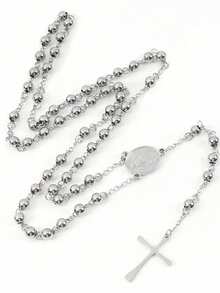 Fashionable Women's Stainless Steel Necklace With Virgin Mary And Jesus Cross Pendant, Long Beaded Chain Design - Silver - View 6