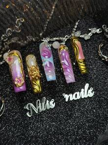 10pcs Handmade Fully Covered Long Square Nails Press On Nails, Lilac Purple Nails, 3D Flower&Angel&Rhinestone&Ripple Decor, Y2K Dreamy Gorgeous Style, Removable And Reusable False Nails For Party, Daily Wear & Cosplay, With Jelly Glue And Nail File - Lilac Purple - View 4