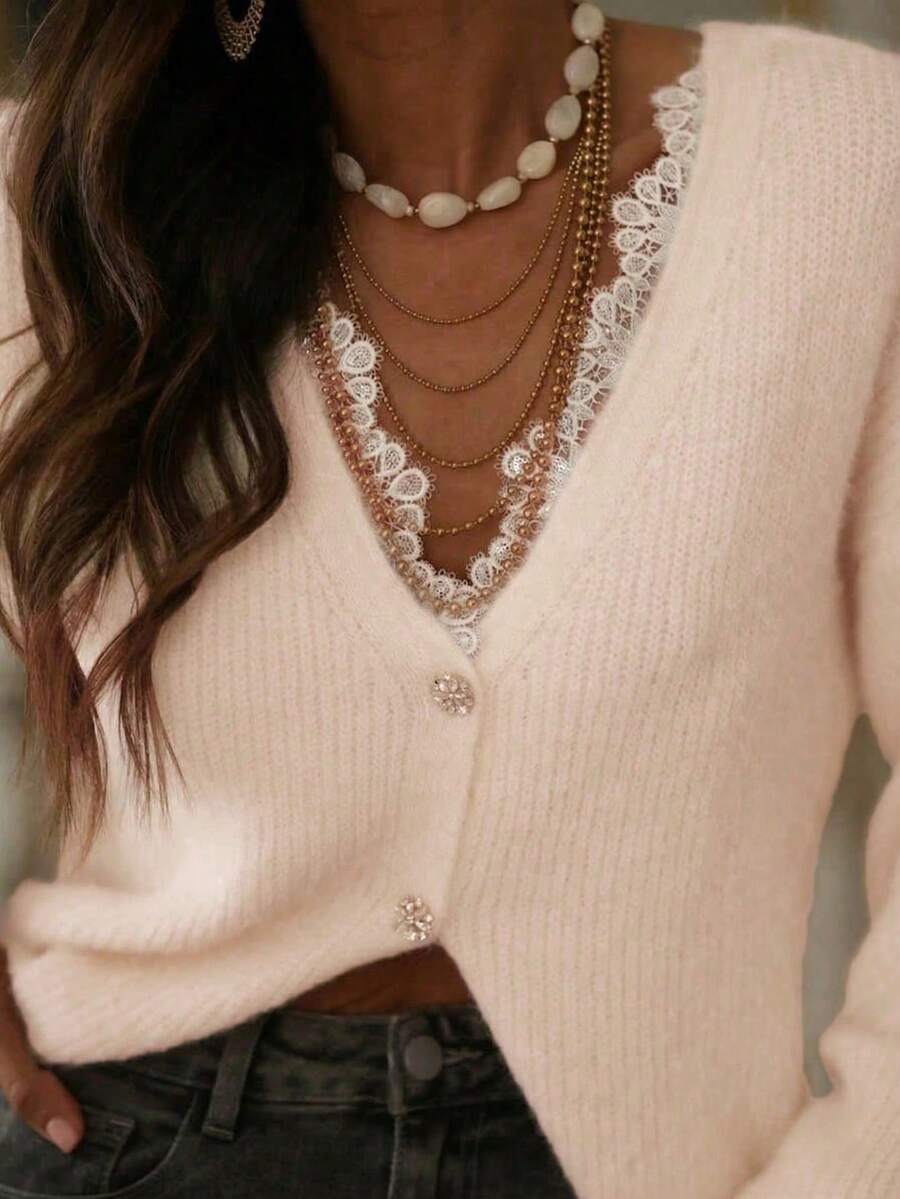 Women's Itchy Fabric Need Match Inner Top V-Neck Rhinestone Button Knit Cardigan Back To School Loose Open Front Sweater For Daily Fall Winter Wear - White - View 1