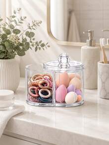 2-In-1 Cotton Swab And Cotton Pad Storage Box, Bathroom Vanity Storage Box, Hair Tie And Hair Clip Storage Jar, Minimalist Acrylic Beauty Storage Box, Dustproof Cosmetic Storage Container, Desktop Organizer. - Multicolor - View 2