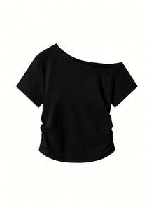 Women's Fashion Summer Casual Minimalist Versatile Asymmetrical Shoulder Short Sleeve T-Shirt Black - Black - View 5