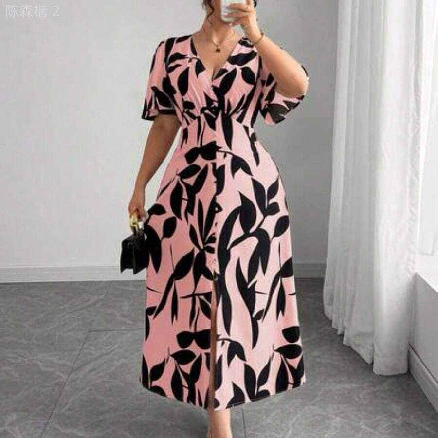xuehuamaoyi02  Vestido de media manga con cuello en V, cintura con lazo, botones decorativos en el bajo y abertura, estilo elegante francés para uso casual - Rosa - Ver 1