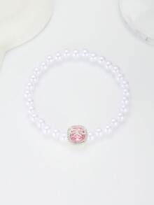 1pc Pure Tender Faux Pearl Beaded Bracelet Square Rhinestone Bow Charm For Girls Dreamy Accessories For Family Dinner And Ballet Dance Class - White - View 7
