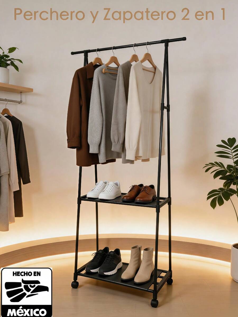 Perchero y Zapatero 2 en 1, Perchero para Dormitorio, Percha de Suelo Vertical sencilla, Perchero Minimalista, Resistente y Duradero, con Una Gran Capacidad de Carga, Equipado con Ruedas, es Fácil de Mover y Organizar - Ver 1