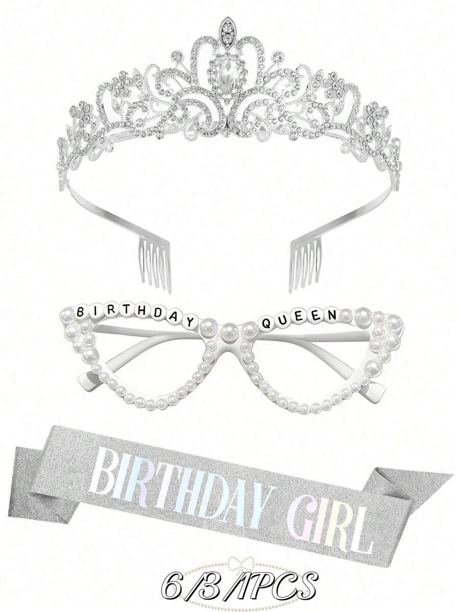 6/3/1 套女童生日裝飾套組,包含銀色生日肩帶、銀色生日皇冠、生日女孩腰帶、生日女王眼鏡、生日派對禮物,時尚亮眼(非時尚眼鏡) - 銀色 - 查看 1