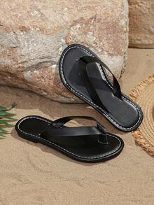 1 Pair Kids Flip Flops, Solid Color Soft PU Woven Strap, Round Toe Toe-Post Flat Bottom Non-Slip Slip-On Design, Fashion Minimalist Vacation Style Beach Sandals, Suitable For Boys And Girls Daily Casual Beach Holiday Party, New Mixed Style - Black - View 4