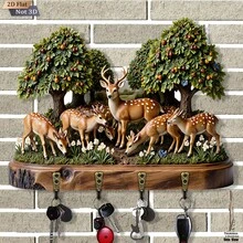 Forest Deer Wooden Decorative Key Rack, Nordic Style Entryway Small Item Decorative Storage Rack, Wall-Mounted Wooden Hanging Rack, Rustic Style Key Rack, Behind Door Key Rack, Home Decor Hanging Ornament - Multicolor - View 8