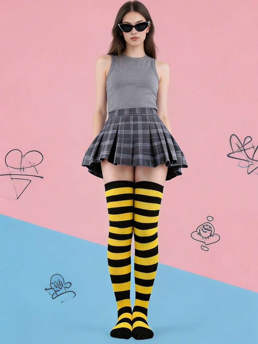 1-Pair Women's Yellow And Black Striped Over-The-Knee Socks, Suitable For Parties And Carnival, And Comfortable - Multicolor - View 1